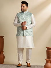 Men's Silk Blend Cream Kurta & Pyjama With Printed Green Nehru Jacket