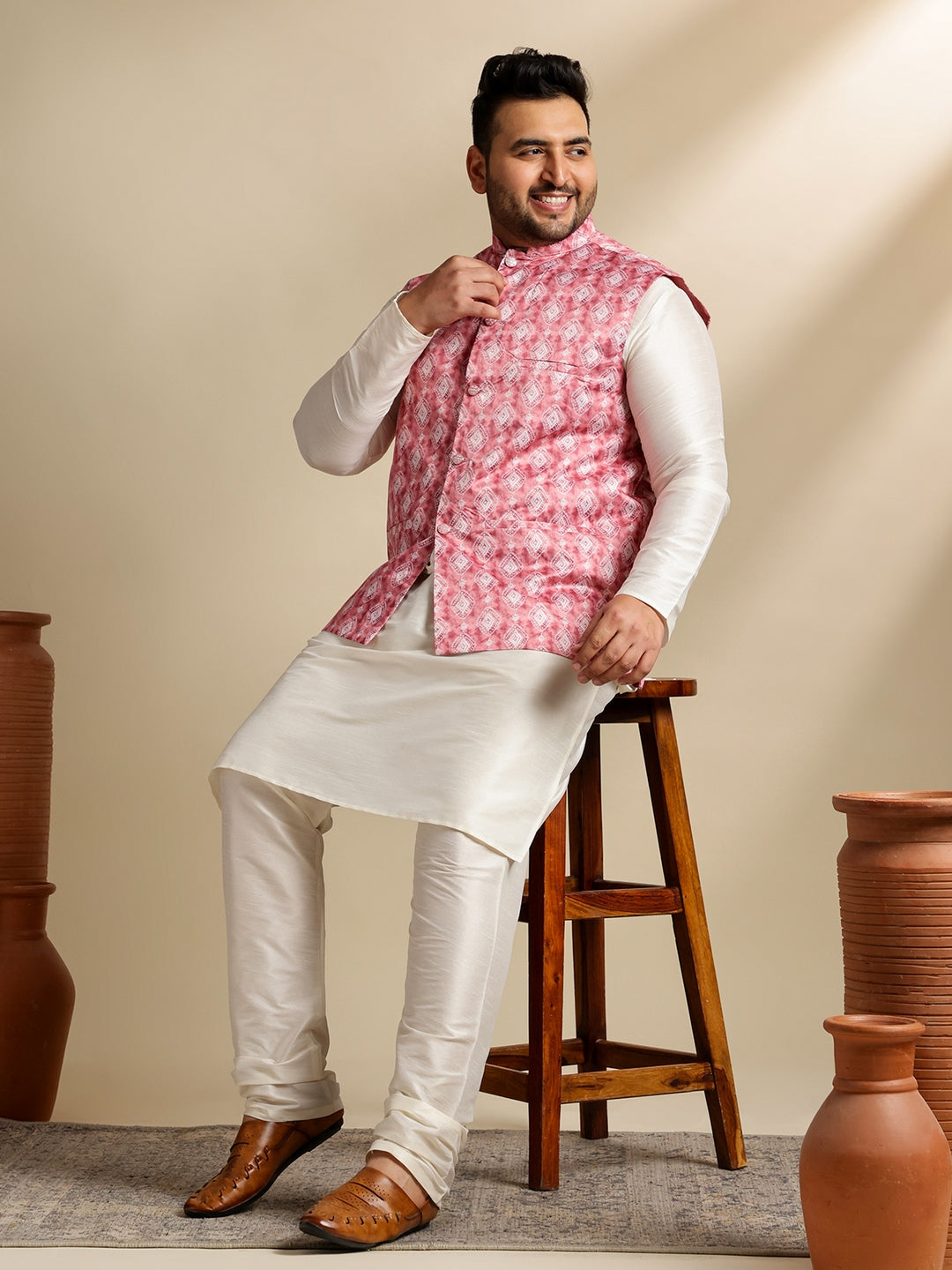 Men's Silk Blend Cream Kurta & Pyjama With Printed Coral Nehru Jacket