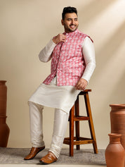 Men's Silk Blend Cream Kurta & Pyjama With Printed Coral Nehru Jacket