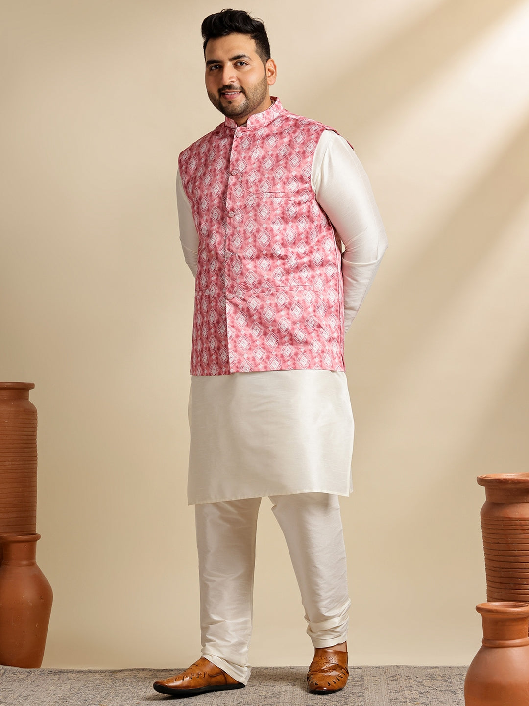 Men's Silk Blend Cream Kurta & Pyjama With Printed Coral Nehru Jacket
