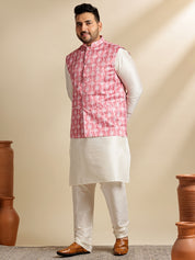 Men's Silk Blend Cream Kurta & Pyjama With Printed Coral Nehru Jacket