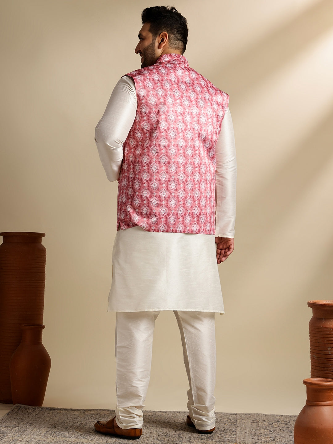 Men's Silk Blend Cream Kurta & Pyjama With Printed Coral Nehru Jacket