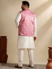 Men's Silk Blend Cream Kurta & Pyjama With Printed Coral Nehru Jacket
