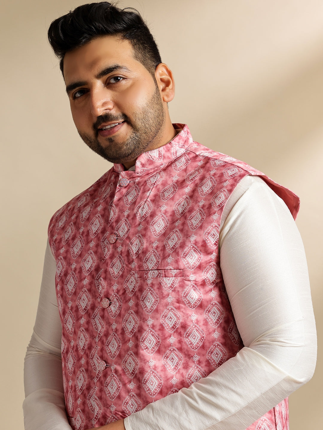 Men's Silk Blend Cream Kurta & Pyjama With Printed Coral Nehru Jacket