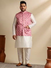 Men's Silk Blend Cream Kurta & Pyjama With Printed Coral Nehru Jacket