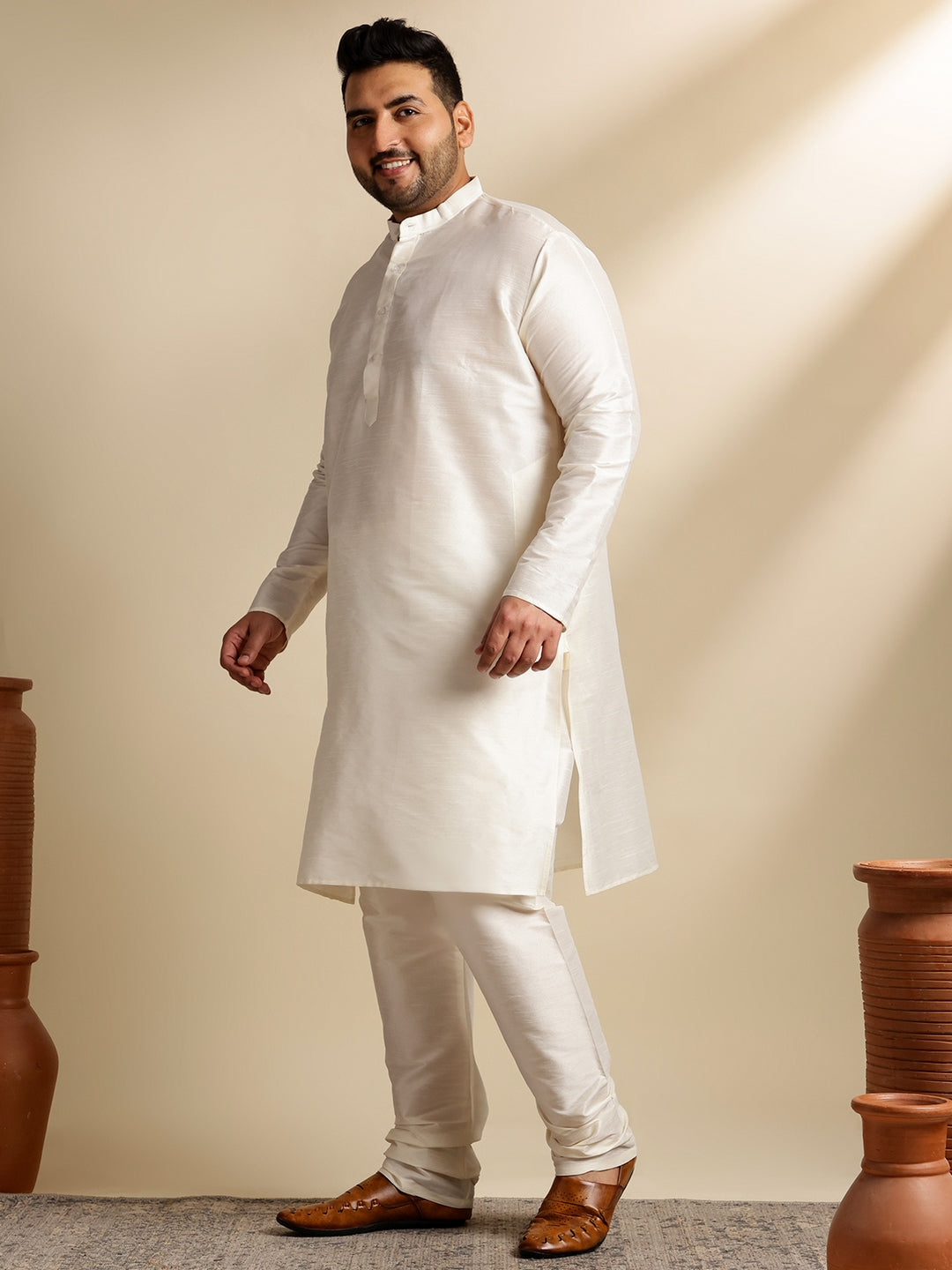 Men's Silk Blend Cream Kurta & Pyjama With Printed Coral Nehru Jacket