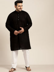 Men's 100% Cotton Black Chikankari Kurta & White Churidaar Pyjama