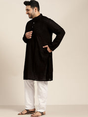 Men's 100% Cotton Black Chikankari Kurta & White Churidaar Pyjama