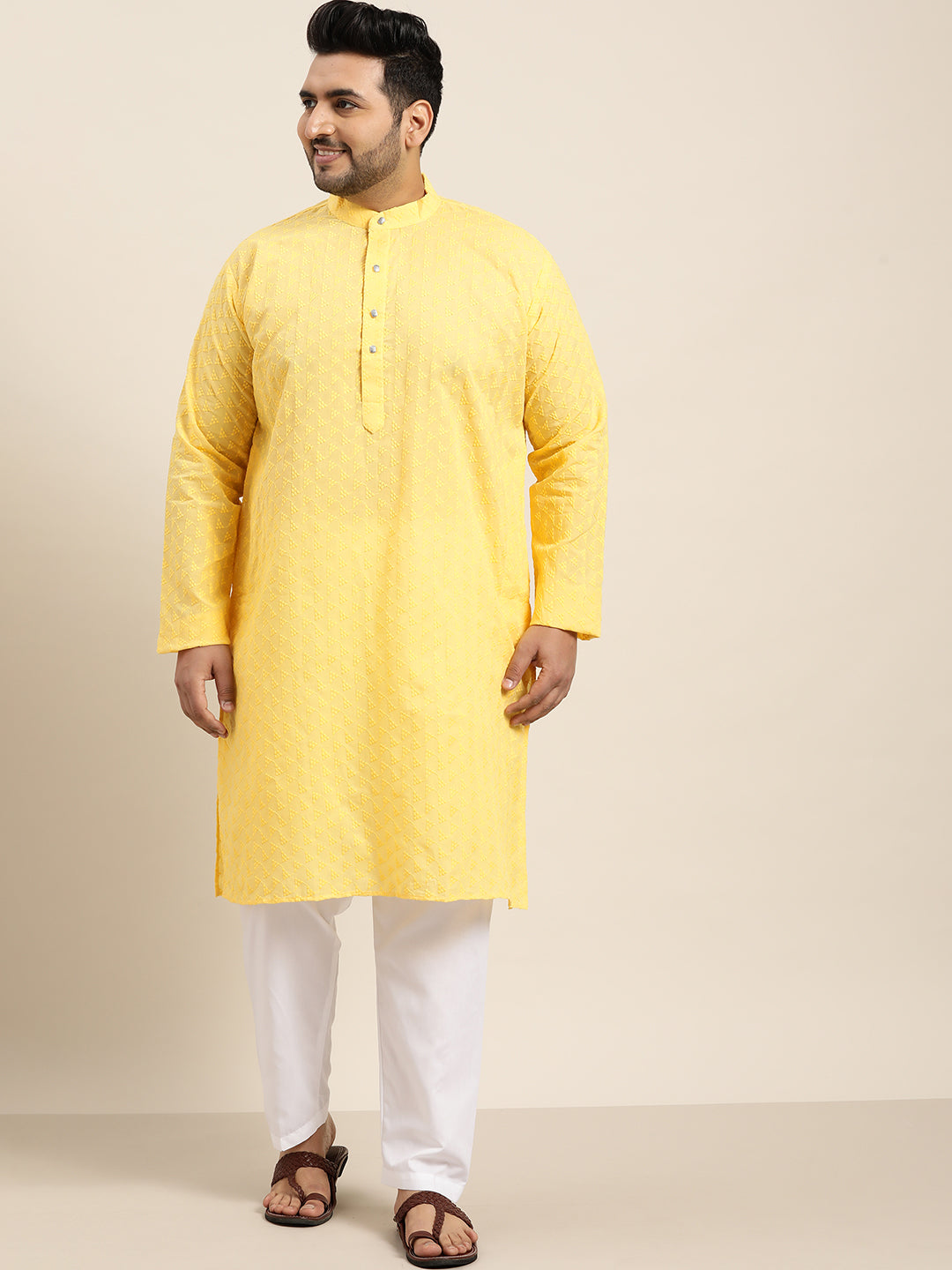 Men's 100% Cotton Yellow Chikankari Kurta & White Churidar Pyjama