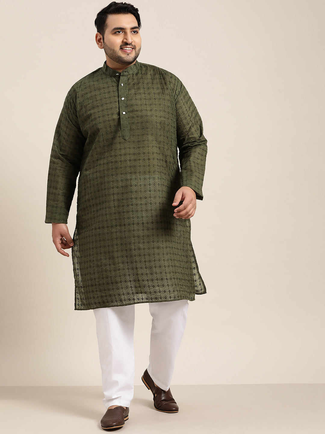 Men's 100% Cotton Olive Green Chikankari Kurta & White Churidar Pyjama