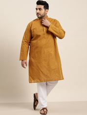 Men's 100% Cotton Mustard Chikankari Kurta & White Churidar Pyjama