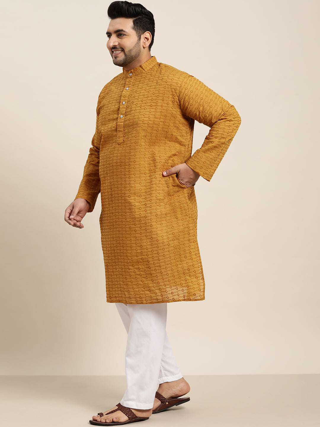 Men's 100% Cotton Mustard Chikankari Kurta & White Churidar Pyjama