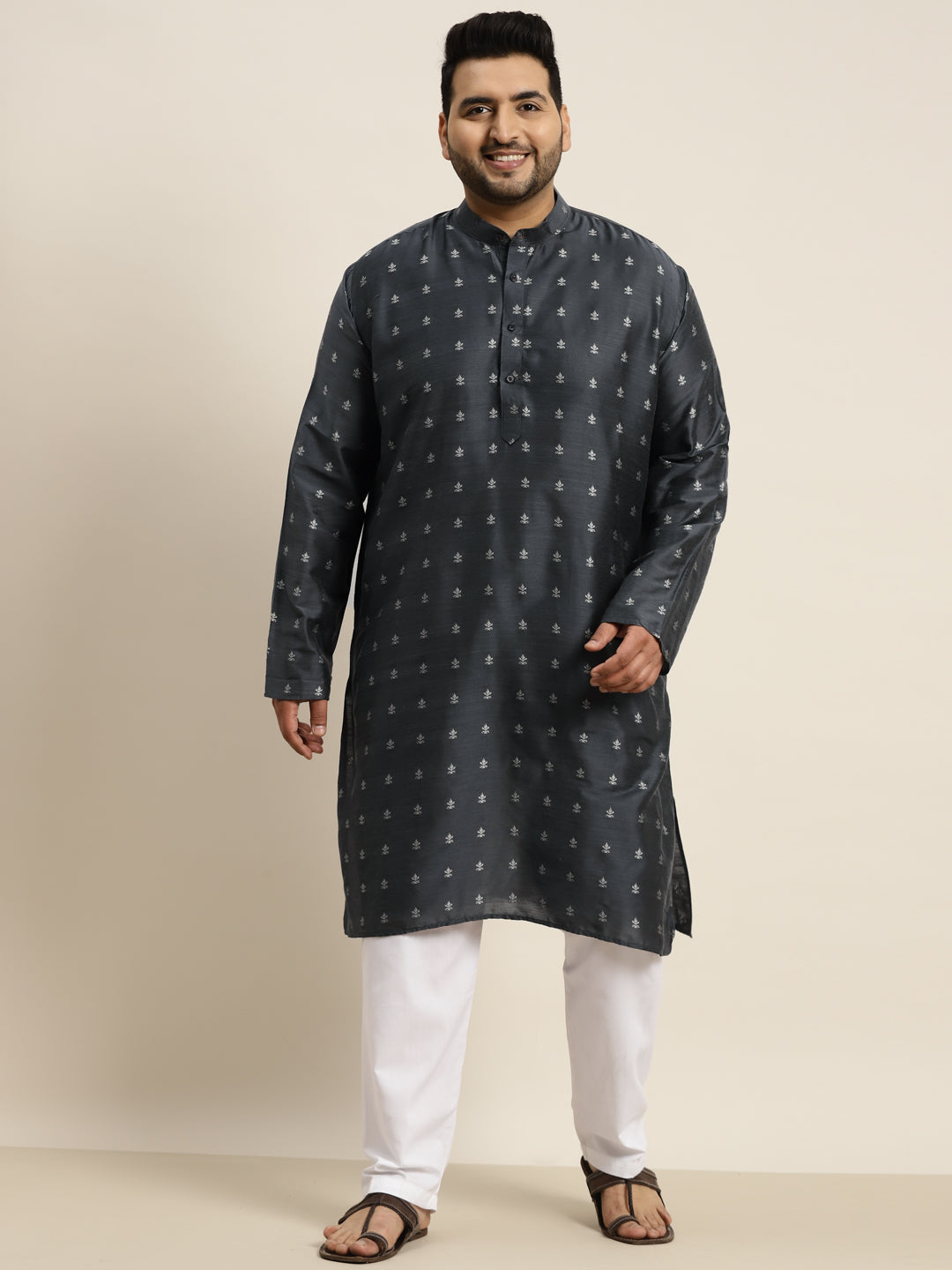 Men's Cotton Blend Grey Self design Kurta & White Pyjama