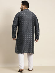 Men's Cotton Blend Grey Self design Kurta & White Pyjama