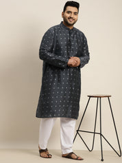 Men's Cotton Blend Grey Self design Kurta & White Pyjama