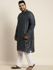 Men's Cotton Blend Grey Self design Kurta & White Pyjama