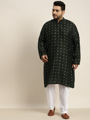 Men's Cotton Blend Dark Green Kurta & White Pyjama