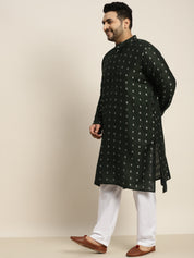 Men's Cotton Blend Dark Green Kurta & White Pyjama