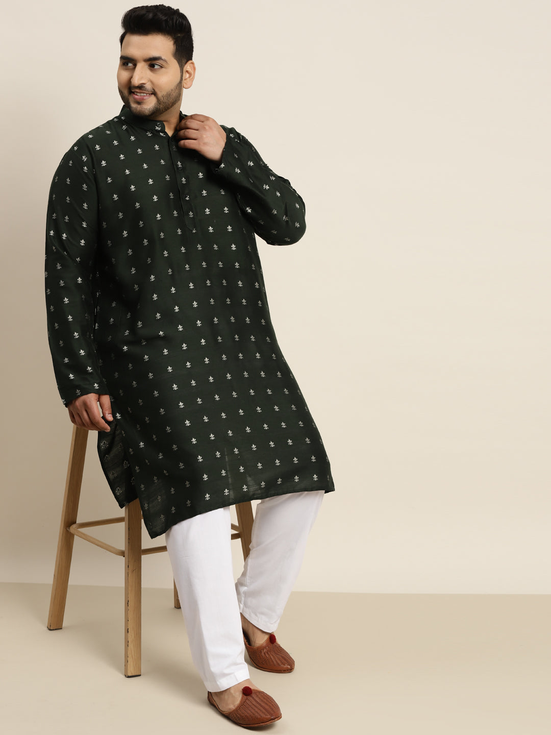 Men's Cotton Blend Dark Green Kurta & White Pyjama