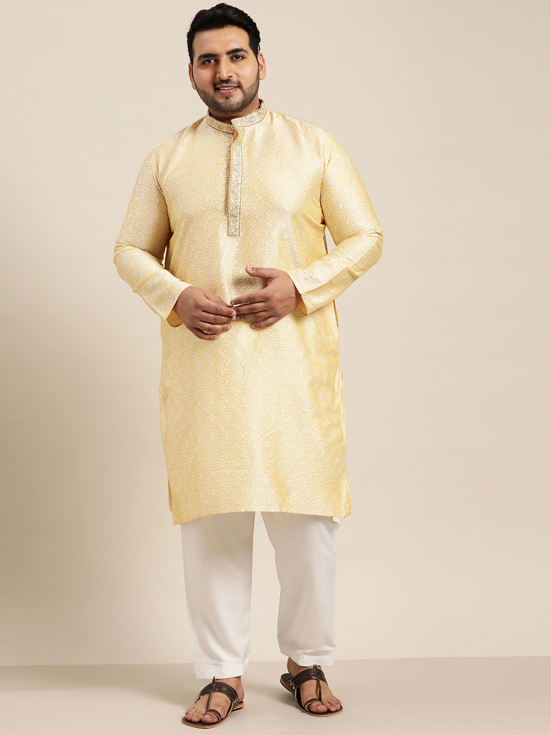 Men's Silk Blend Gold Kurta and Off White Churidar Pyjama Set