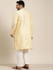 Men's Silk Blend Gold Kurta and Off White Churidar Pyjama Set