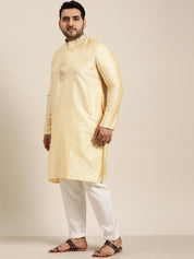 Men's Silk Blend Gold Kurta and Off White Churidar Pyjama Set