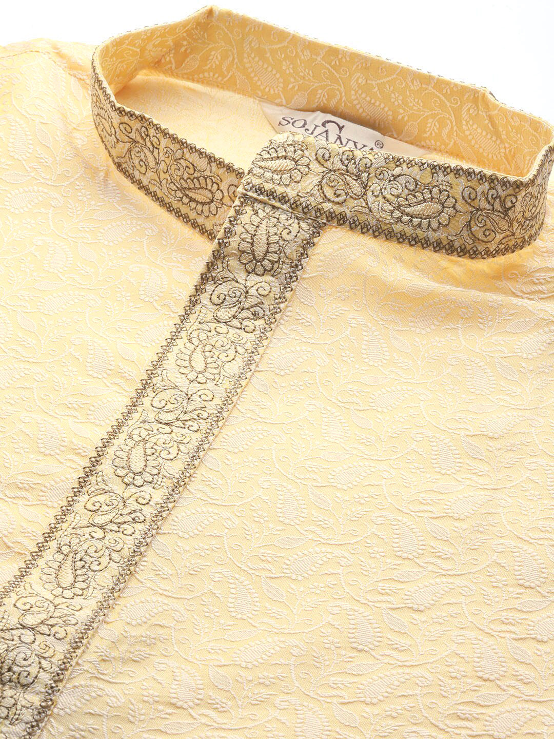 Men's Silk Blend Gold Kurta and Off White Churidar Pyjama Set