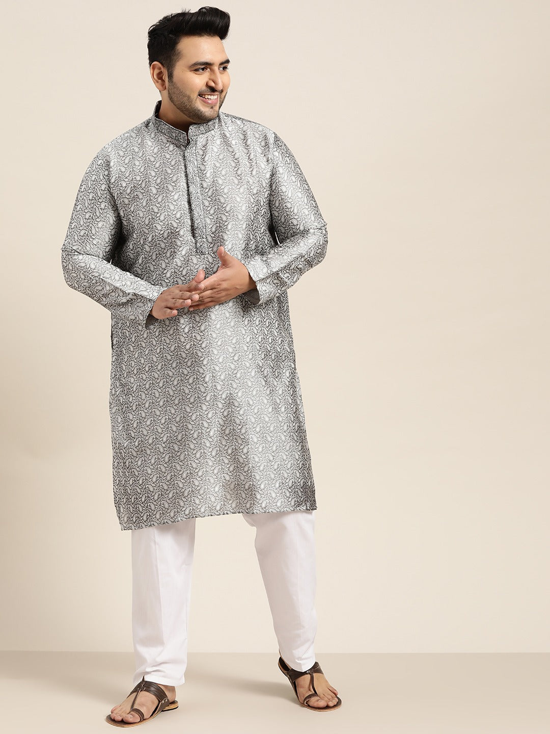 Men's Silk Blend Grey Kurta and Off White Churidar Pyjama Set