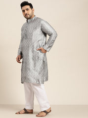 Men's Silk Blend Grey Kurta and Off White Churidar Pyjama Set