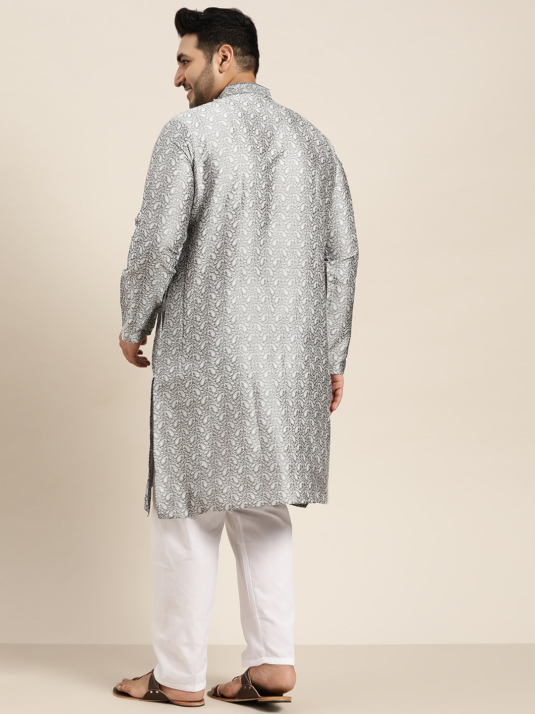 Men's Silk Blend Grey Kurta and Off White Churidar Pyjama Set