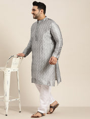 Men's Silk Blend Grey Kurta and Off White Churidar Pyjama Set