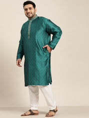Men's Silk Blend Teal Green Kurta and Off White Churidar Pyjama Set