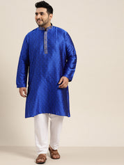 Men's Silk Blend Royal Blue Kurta and Off White Churidar Pyjama Set