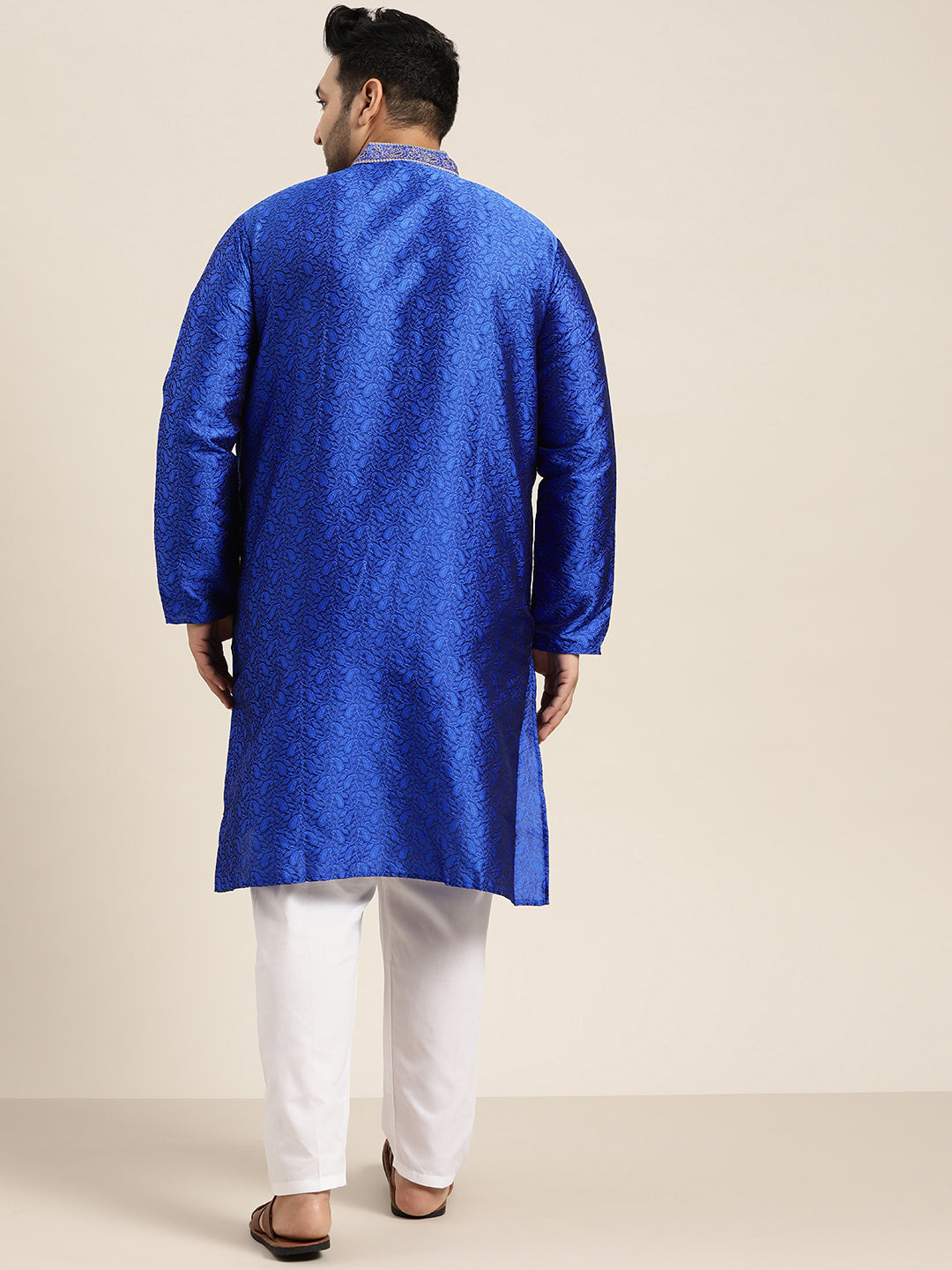 Men's Silk Blend Royal Blue Kurta and Off White Churidar Pyjama Set