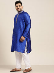 Men's Silk Blend Royal Blue Kurta and Off White Churidar Pyjama Set