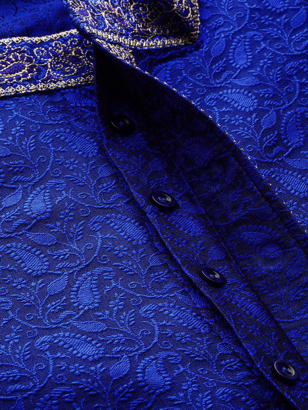 Men's Silk Blend Royal Blue Kurta and Off White Churidar Pyjama Set