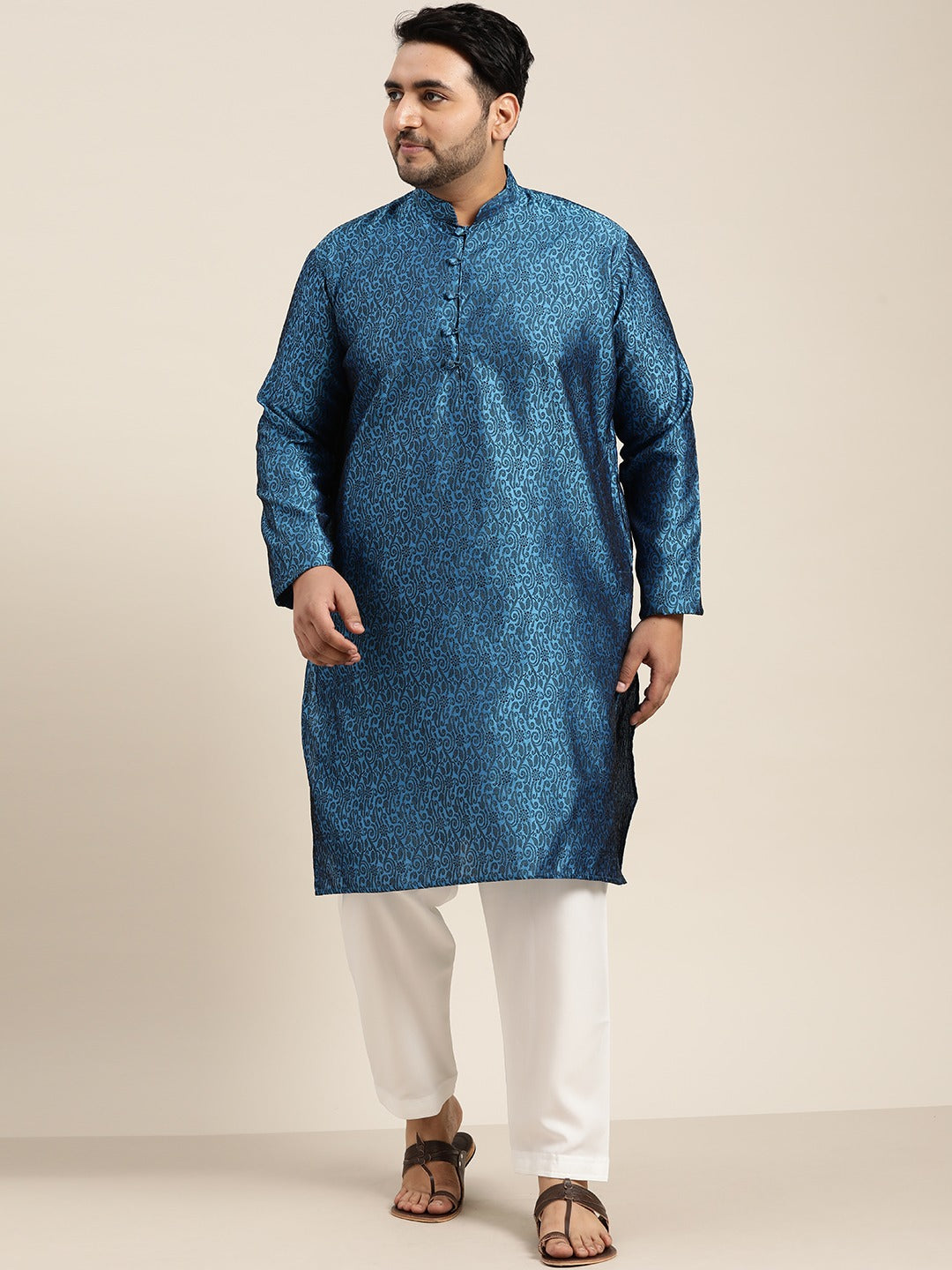 Men's Silk Blend Blue Kurta and Off White Churidar Pyjama Set