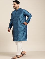 Men's Silk Blend Blue Kurta and Off White Churidar Pyjama Set