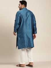 Men's Silk Blend Blue Kurta and Off White Churidar Pyjama Set