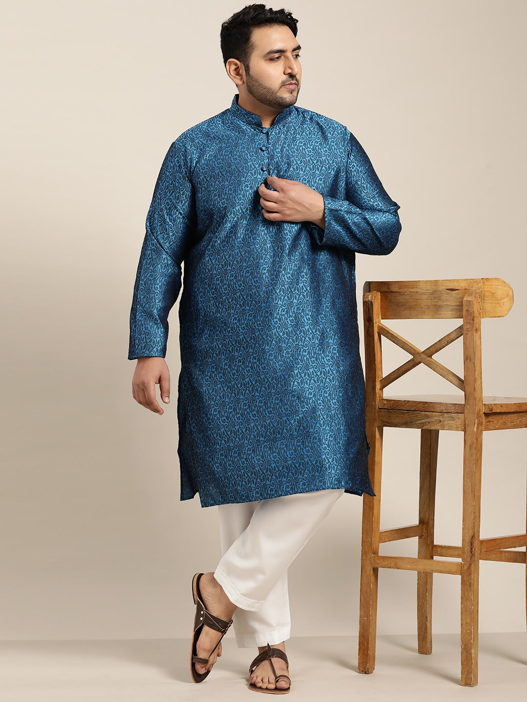 Men's Silk Blend Blue Kurta and Off White Churidar Pyjama Set