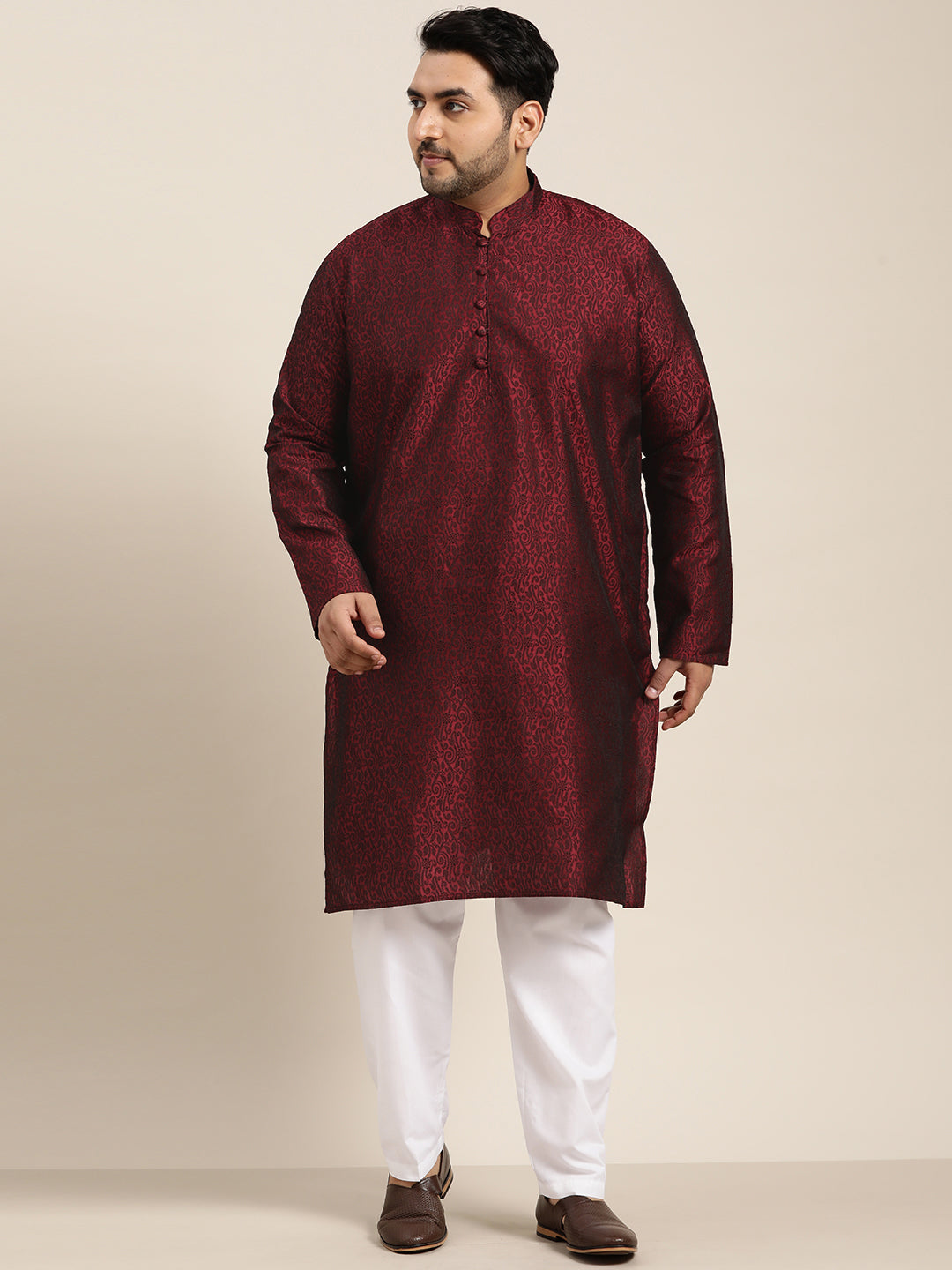 Men's Silk Blend Maroon Kurta and Off-White Churidaar Pyjama Set