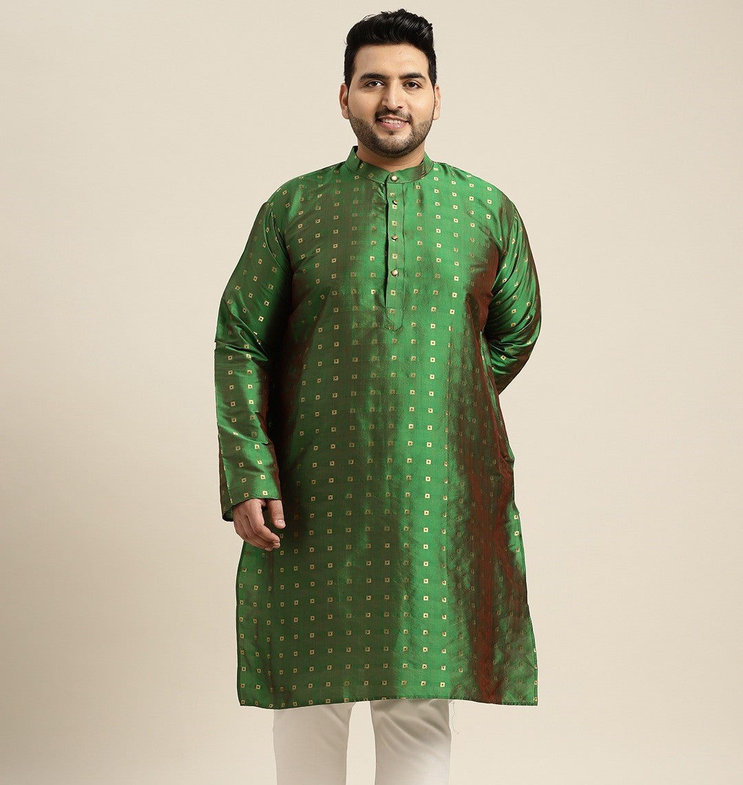 Men's Silk Blend Dark Green & Gold Self Design ONLY Long Kurta