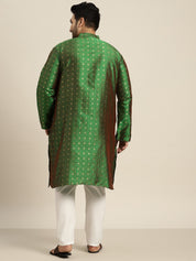 Men's Silk Blend Dark Green & Gold Self Design ONLY Long Kurta