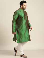 Men's Silk Blend Dark Green & Gold Self Design ONLY Long Kurta