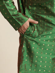 Men's Silk Blend Dark Green & Gold Self Design ONLY Long Kurta