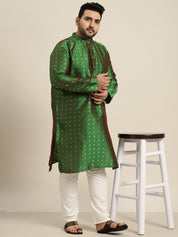 Men's Silk Blend Dark Green & Gold Self Design ONLY Long Kurta