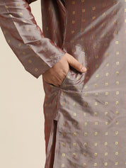 Men's Silk Blend Grey & Gold Self Design Only Long Kurta