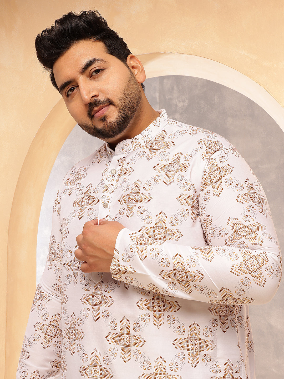 Men's Cotton Linen Printed White Long Kurta