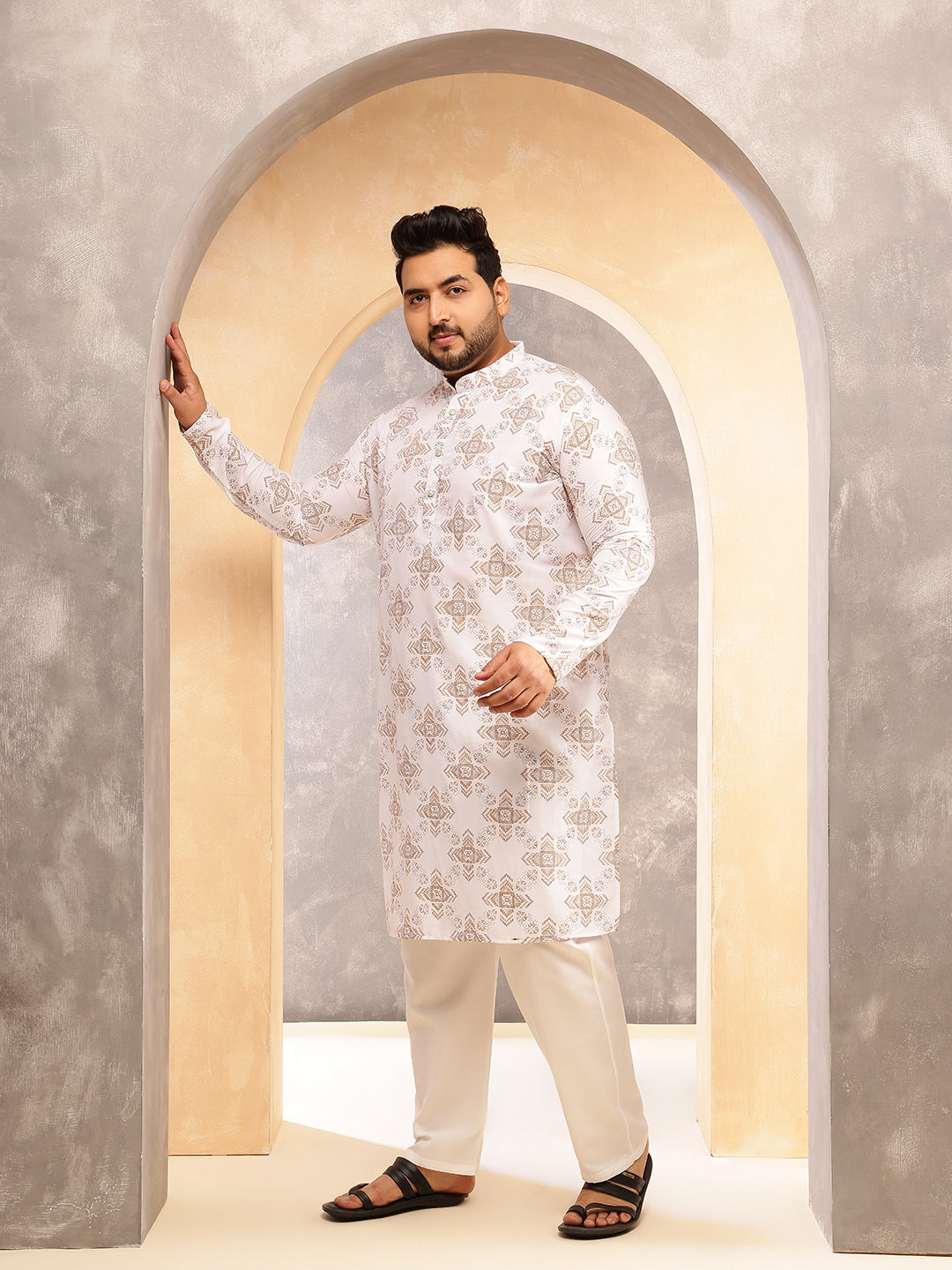Men's Cotton Linen Printed White Long Kurta