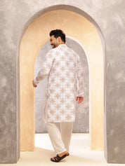 Men's Cotton Linen Printed White Long Kurta